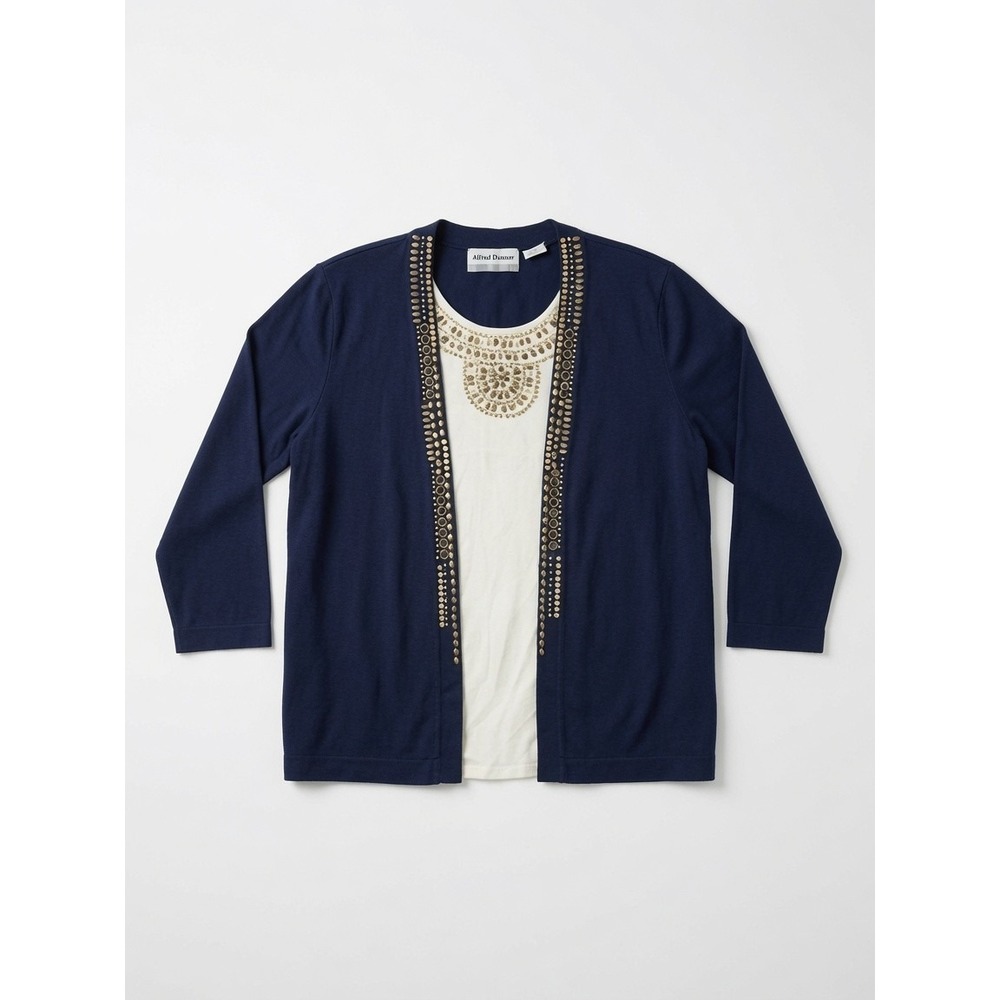 Alfred Dunner Petite Large Navy Beaded Faux 2-Piece Sweater Cardigan Sequin